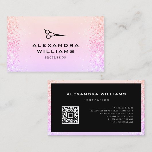 Rosa Rose Gold Glitzer QR Code Scissance Modern Visitenkarte (Vorne/Hinten)