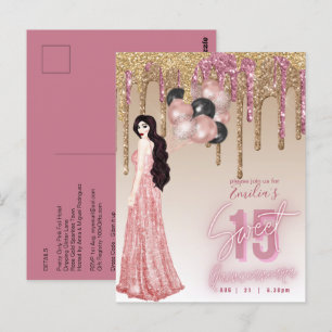 Rosa Rose Gold Glitzer Quinceanera Brünett Girl Postkarte