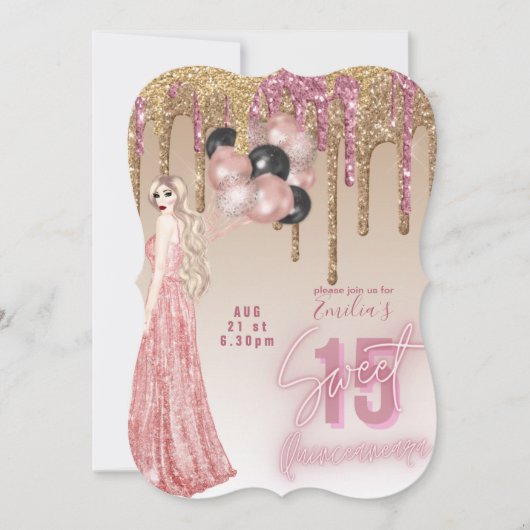 Rosa Rose Gold Glitzer Quinceanera Einladung (Vorderseite)