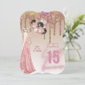 Rosa Rose Gold Glitzer Quinceanera Einladung (Stehend Vorderseite)