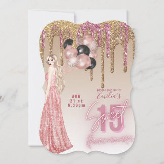 Rosa Rose Gold Glitzer Quinceanera Einladung