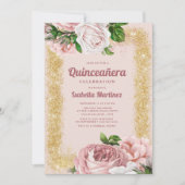 Rosa Rose Gold Glitzer Quinceañera Einladung (Vorderseite)