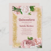 Rosa Rose Gold Glitzer Quinceañera Einladung (Vorne/Hinten)