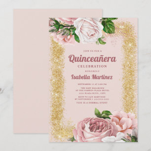 Rosa Rose Gold Glitzer Quinceañera Einladung