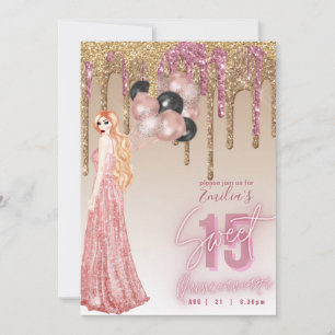 Rosa Rose Gold Glitzer Quinceanera Rotes Haar Girl Einladung