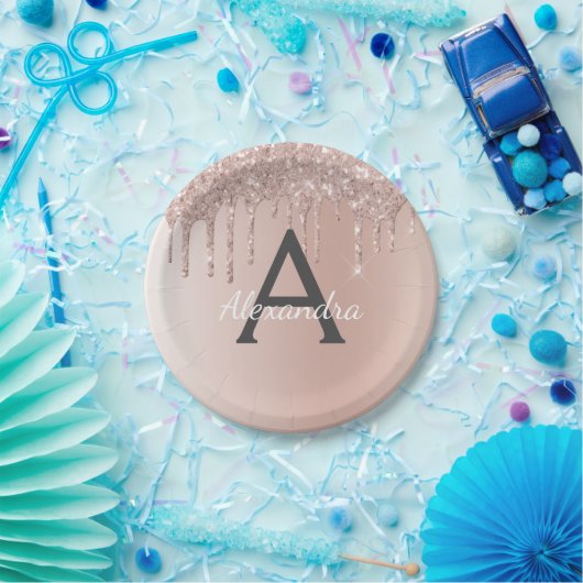 Rosa Rose Gold Glitzer & Sparkle Monogram Birthday Pappteller (Party)
