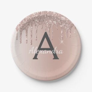 Rosa Rose Gold Glitzer & Sparkle Monogram Birthday Pappteller