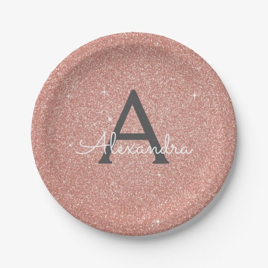 Rosa Rose Gold Glitzer & Sparkle Monogram Birthday Pappteller (Vorderseite)