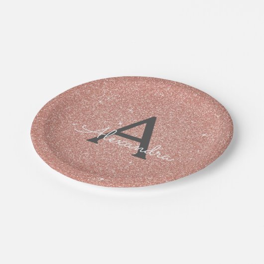 Rosa Rose Gold Glitzer & Sparkle Monogram Birthday Pappteller (Schrägansicht)