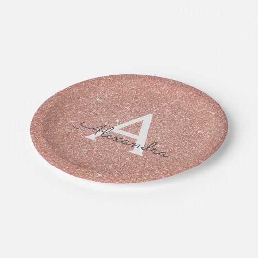 Rosa Rose Gold Glitzer & Sparkle Monogram Birthday Pappteller (Schrägansicht)