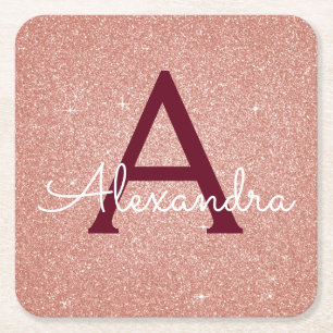 Rosa Rose Gold Glitzer & Sparkle Monogram Birthday Rechteckiger Pappuntersetzer