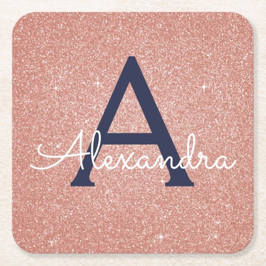 Rosa Rose Gold Glitzer & Sparkle Monogram Birthday Rechteckiger Pappuntersetzer (Vorderseite)