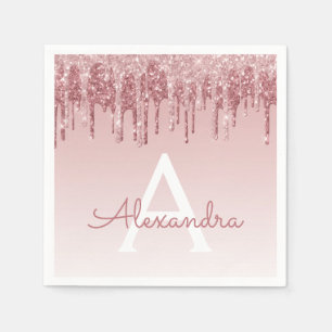 Rosa Rose Gold Glitzer & Sparkle Monogram Birthday Serviette