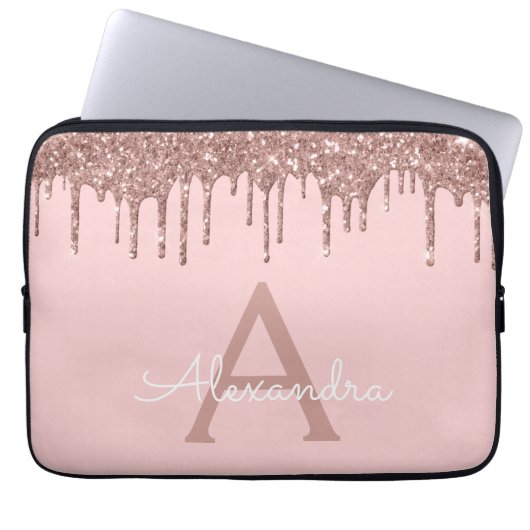 Rosa Rose Gold Glitzer Sparkone Monogramm Laptopschutzhülle (Vorderseite)
