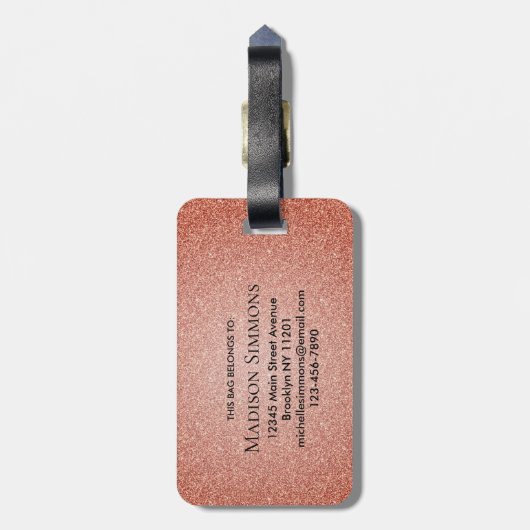 Rosa Rose Gold Glitzer SparkScript Monogram Gepäckanhänger (Rückseite vertikal)