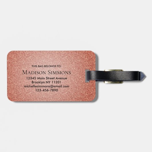 Rosa Rose Gold Glitzer SparkScript Monogram Gepäckanhänger (Rückseite horizontal)