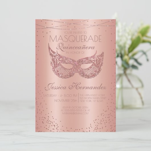 Rosa Rose Gold Glitzer Spitzen Masquerade Quinceañ Einladung (Stehend Vorderseite)