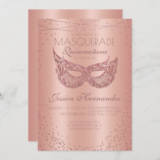 Rosa Rose Gold Glitzer Spitzen Masquerade Quinceañ Einladung (Vorne/Hinten)