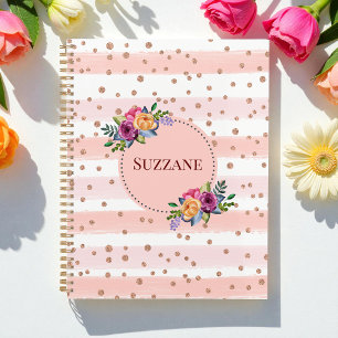 Rosa Rose Gold Glitzer Streifen Blumenmuster Planer