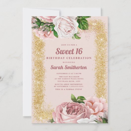 Rosa Rose Gold Glitzer Sweet 16 Einladung (Vorderseite)