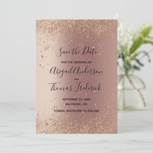 Rosa Rose Gold Glitzer Trendy Save the Date (Stehend Vorderseite)