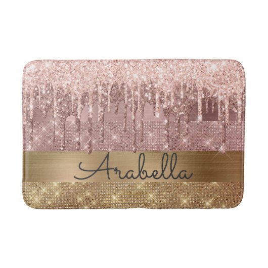 Rosa Rose Gold Glitzer Tropfen Individuelle Name Badematte (Vorderseite)