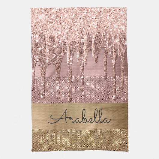 Rosa Rose Gold Glitzer Tropfen Individuelle Name Geschirrtuch (Vertikal)