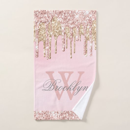 Rosa Rose Gold Glitzer Tropfen Mit Monogramm Badhandtuch Set (Handtuch)
