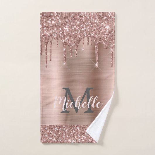Rosa Rose Gold Glitzer Tropfen Mit Monogramm Weibc Badhandtuch Set (Handtuch)
