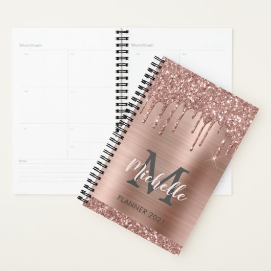 Rosa Rose Gold Glitzer Tropfen Monogram 2024 Planer (Anzeige)