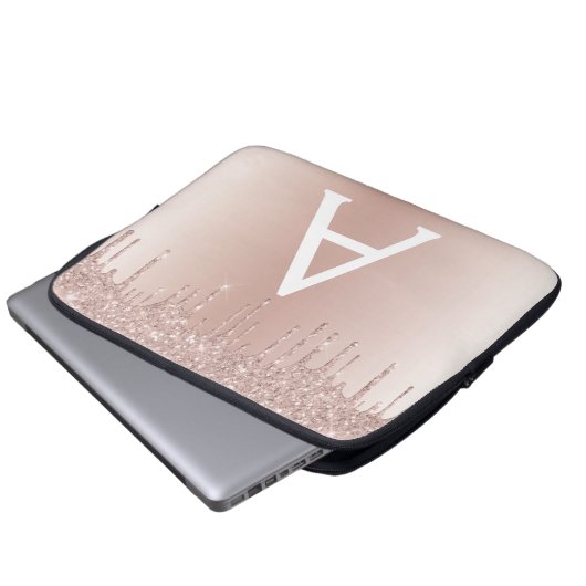 Rosa Rose Gold Glitzer Tropfen Monogram Laptopschutzhülle (Vorne Knopf)