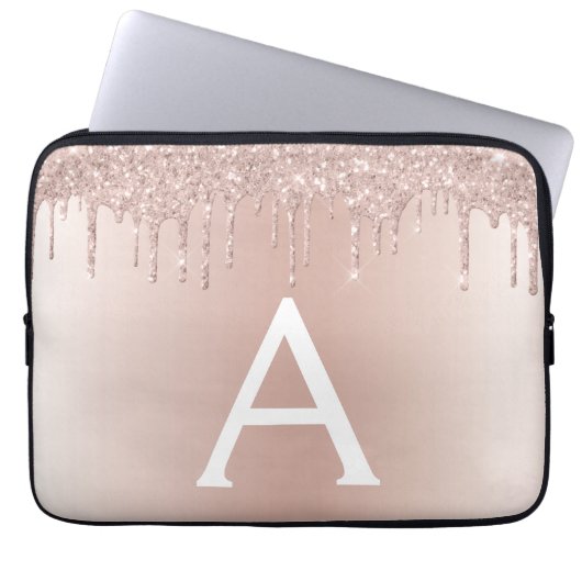 Rosa Rose Gold Glitzer Tropfen Monogram Laptopschutzhülle (Vorderseite)