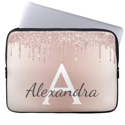 Rosa Rose Gold Glitzer Tropfen Monogram Laptopschutzhülle (Vorderseite)