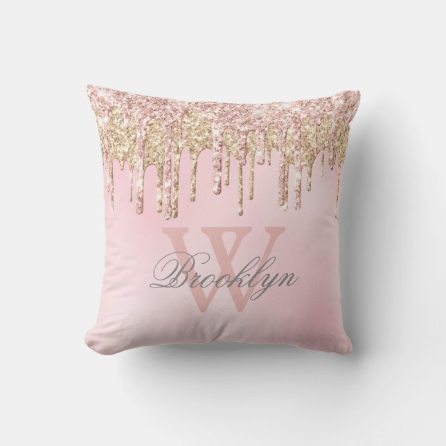 Rosa Rose Gold Glitzer Tropfen Monogramm Kissen (Vorderseite)