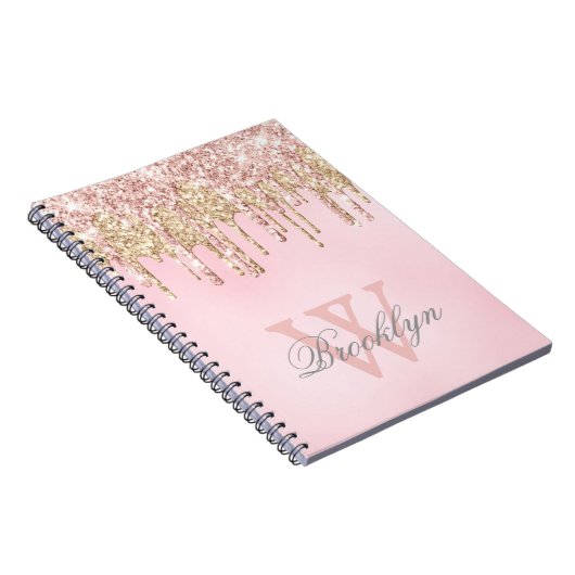 Rosa Rose Gold Glitzer Tropfen Name Mit Monogramm Notizblock (Rechte Seite)