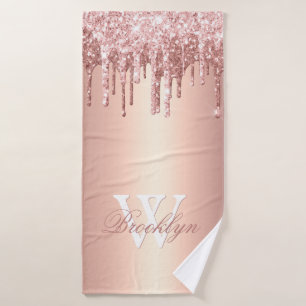 Rosa Rose Gold Glitzer Tropfen Rosa Metal Monogram Badehandtuch