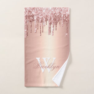Rosa Rose Gold Glitzer Tropfen Rosa Metal Monogram Handtuch