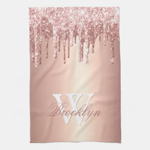 Rosa Rose Gold Glitzer Tropfen Rosa Mit Monogramm Geschirrtuch