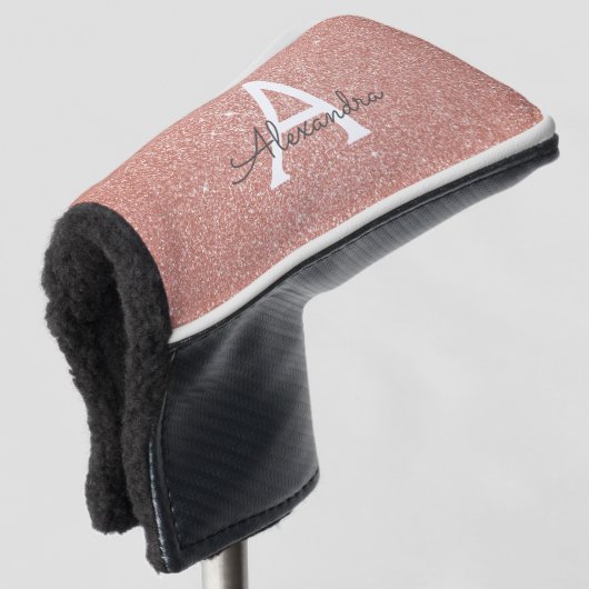 Rosa Rose Gold Glitzer und Monogramm-Name Golf Headcover (3/4 Vorderseite)