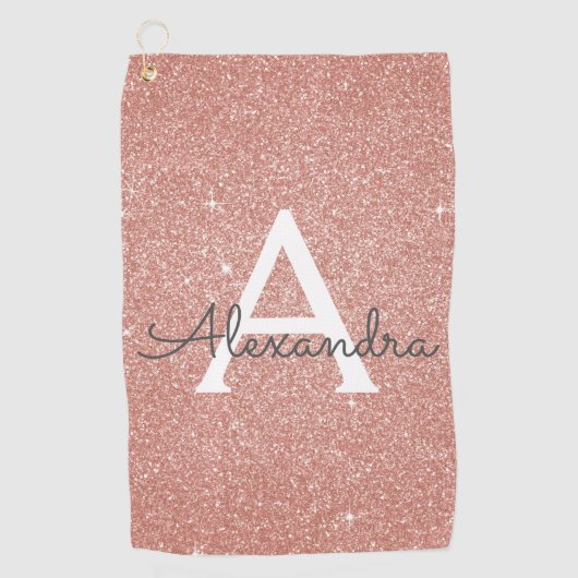 Rosa Rose Gold Glitzer und Monogramm-Name Golfhandtuch (Vorderseite)