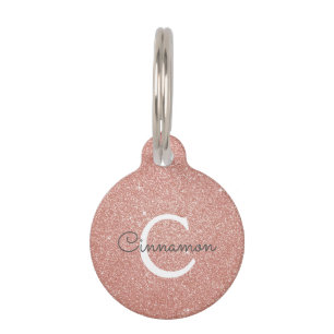 Rosa Rose Gold Glitzer und Monogramm-Name Haustiermarke