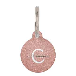 Rosa Rose Gold Glitzer und Monogramm-Name Haustiermarke