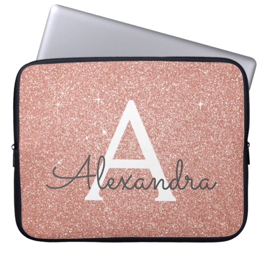 Rosa Rose Gold Glitzer und Sparkle Monogramm Laptopschutzhülle (Vorderseite)