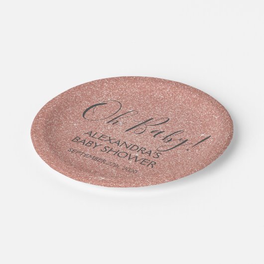 Rosa Rose Gold Glitzer und Sparkle Oh Baby! Pappteller (Schrägansicht)
