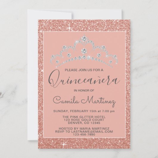 Rosa - Rose Gold Glitzer und Sparkle Quinceanera Einladung (Vorderseite)