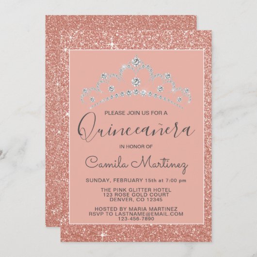 Rosa - Rose Gold Glitzer und Sparkle Quinceanera Einladung (Vorne/Hinten)