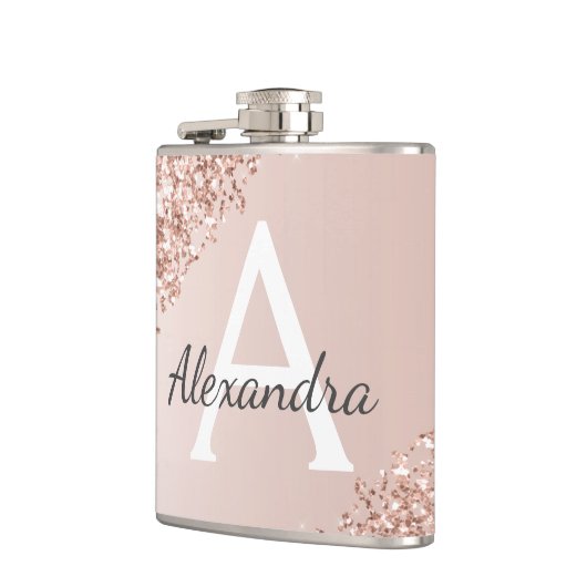 Rosa Rose Gold Glitzer und Sparklogramm Flachmann (Links)