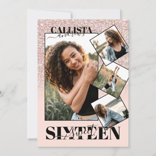 Rosa Rose Gold Glitzer Vier Foto Sweet 16 Einladung (Vorderseite)
