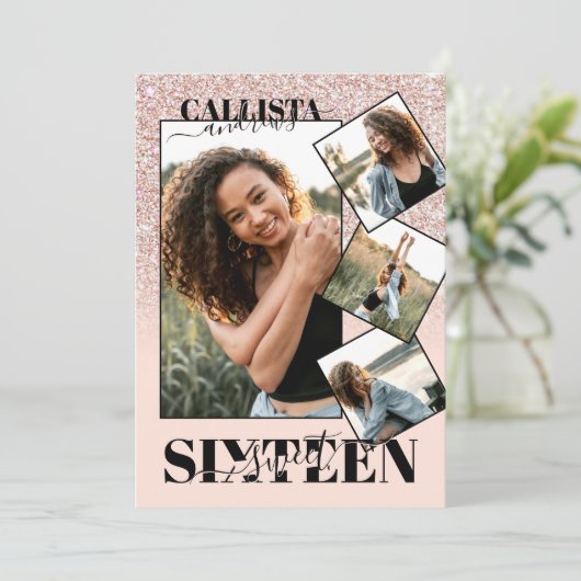 Rosa Rose Gold Glitzer Vier Foto Sweet 16 Einladung (Stehend Vorderseite)