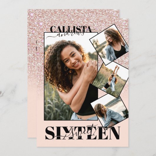 Rosa Rose Gold Glitzer Vier Foto Sweet 16 Einladung (Vorne/Hinten)